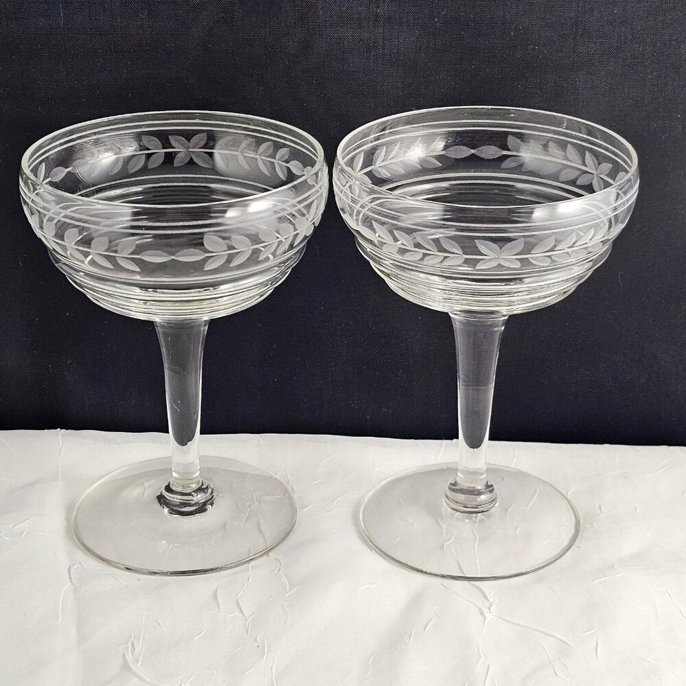 2 Imperial Glass-Ohio Laurel Garland Coupes Champagne 5" etched glasses vintage